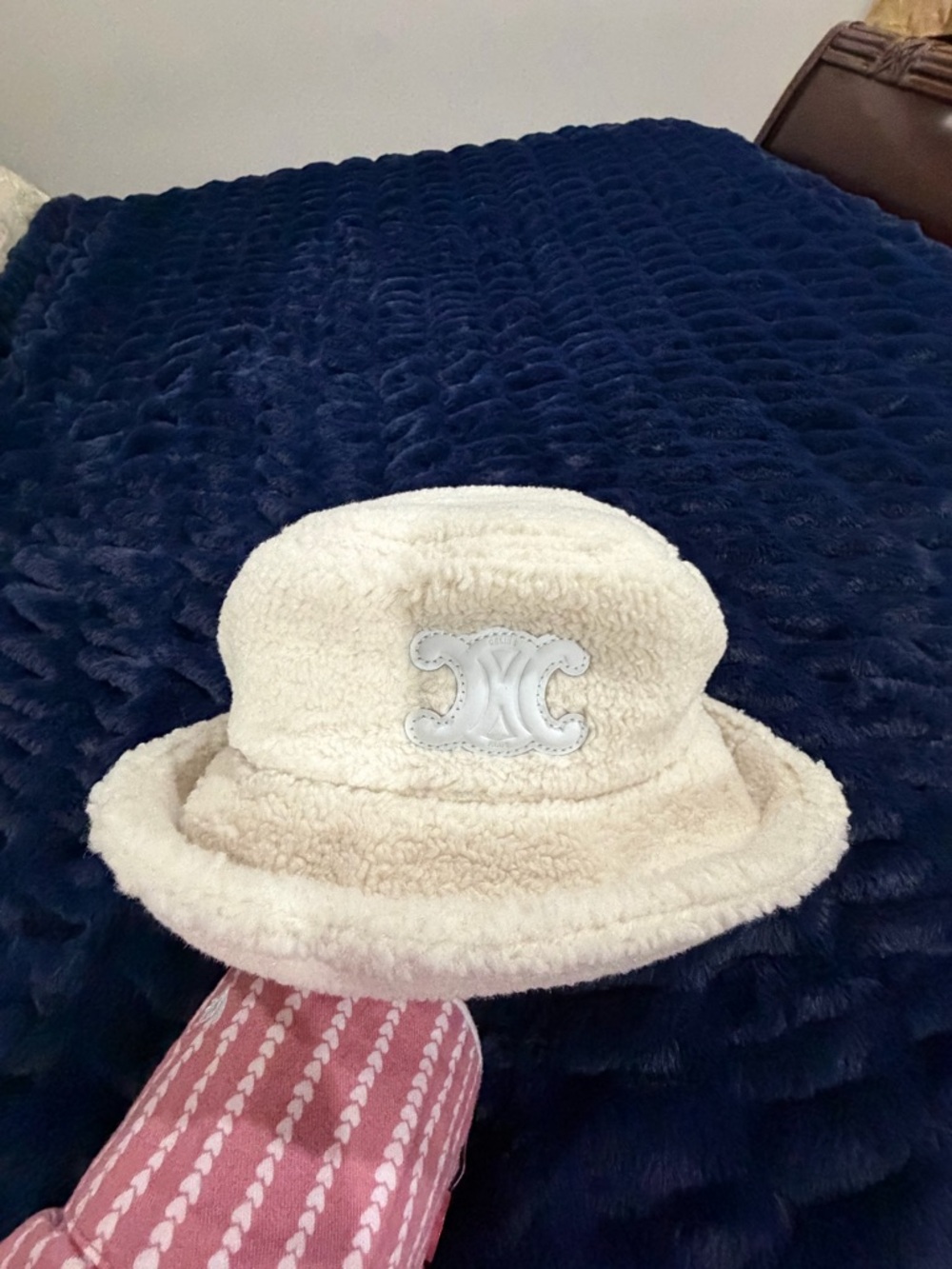 Celine Cream Shearling Bucket Hat with White Logo